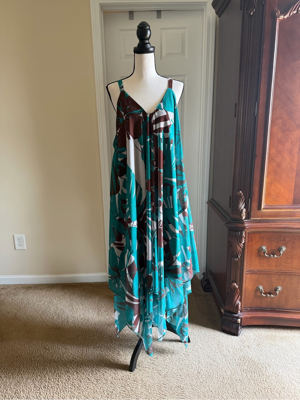 Flowy Teal Tropical Print Handkerchief Hem Dress - Picture 14 of 14